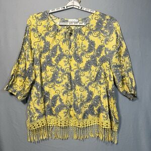 Boho Paisley Top Turmeric Gold Fringe Hem Peasant Blouse Plus Size Festival 3x